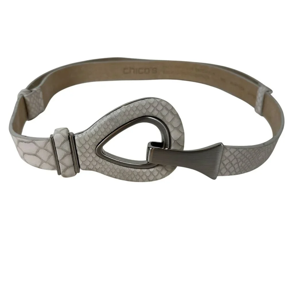 Chicos Snake Embossed Belt Teardrop Buckle M/L Beige Elevated Basics statement